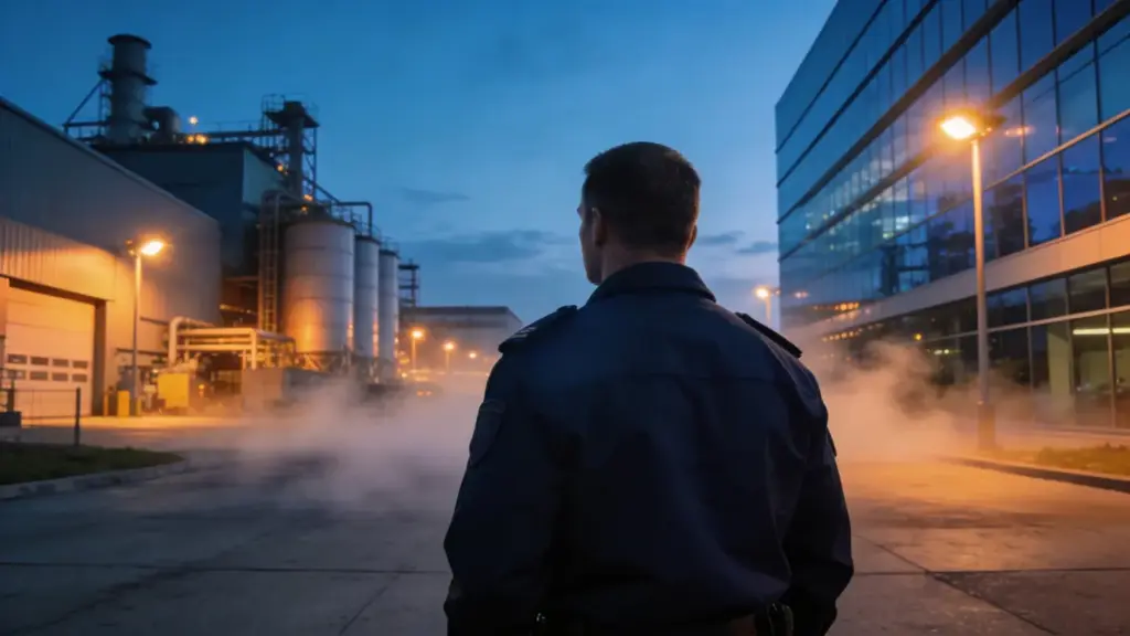 Ein Sicherheitsmitarbeiter vor einer industriellen Anlage bei Dämmerung – Fokus auf Werkschutz und Objektschutz, mit Rauch und Technik im Hintergrund.