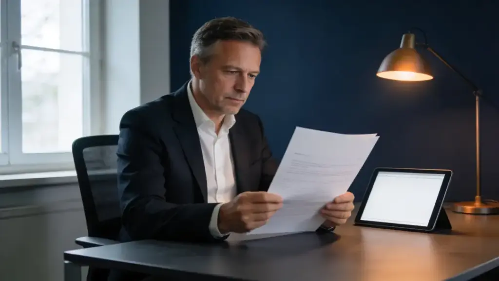 Ein Mann prüft Unterlagen am Schreibtisch mit Tablet und Lampe, während er ein Sicherheitskonzept erstellen und Risiken für sein Unternehmen bewerten dürfte.