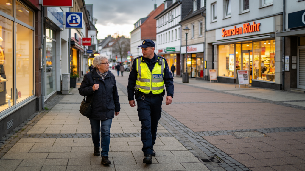 Ein Polizist im gelben Einsatzvest geht mit einer älteren Frau durch die Fußgängerzone, während Geschäfte in Kamen am Abend leuchten.