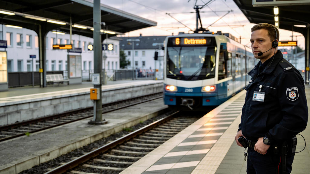 Ein Sicherheitsmitarbeiter mit Headset überwacht einen Bahnsteig, während eine Stadtbahn der Linie 6 in den Bahnhof einrollt, am frühen Abend.