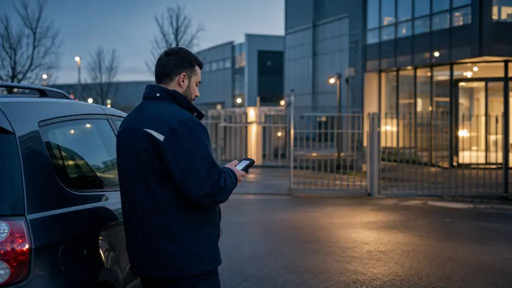 Sicherheitsmitarbeiter dokumentiert eine mobile Objektkontrolle an einem Gewerbeobjekt in NRW