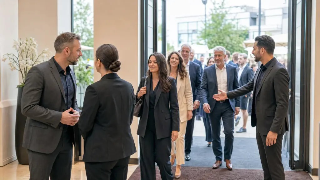 Diskreter Veranstaltungsschutz koordiniert den Einlass von Gästen bei einem Firmenevent in NRW